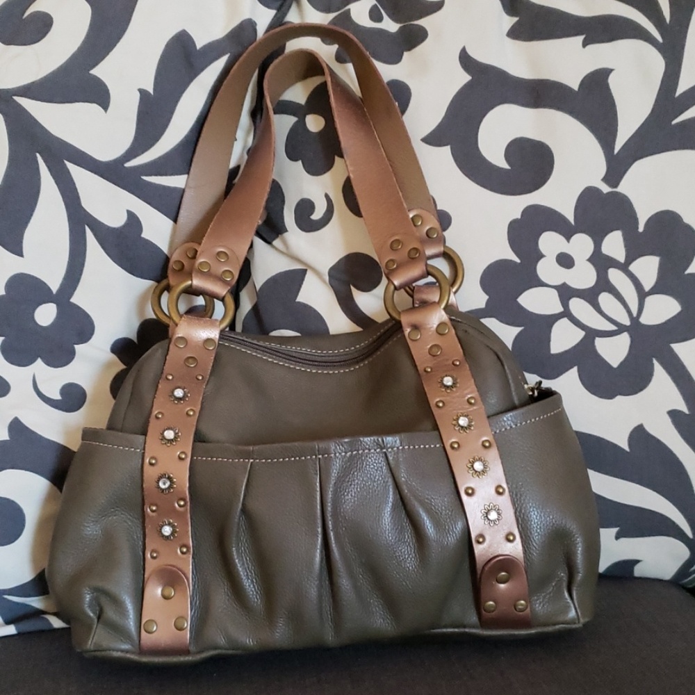 Green and Brown Faux Leather Jeweled Bag